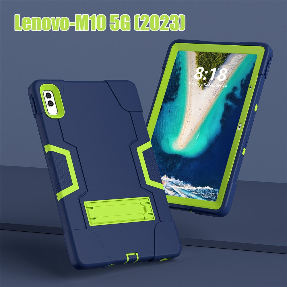 Kickstand Tablet Case for Lenovo Tab M10 5G , Robot Style Dual Color Silicone + PC Anti-drop Cover - Navy Blue / Yellow Green