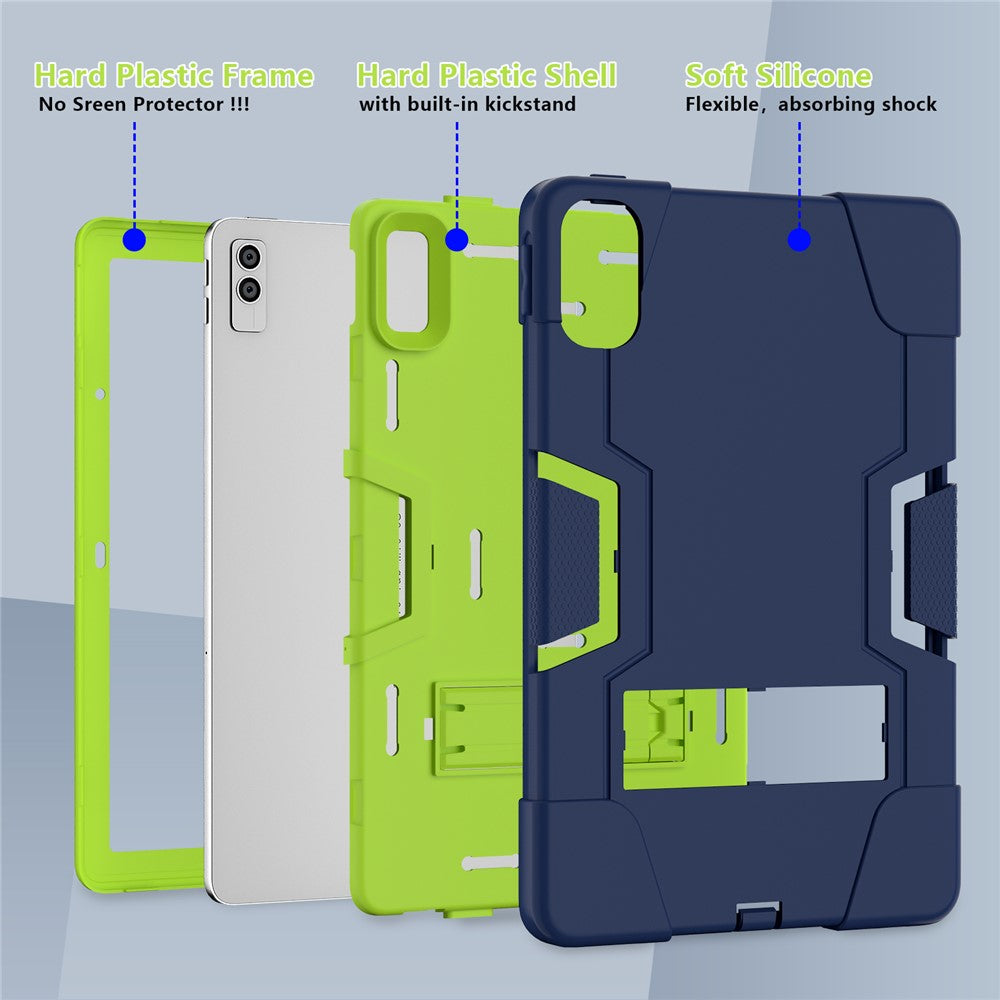 Kickstand Tablet Case for Lenovo Tab M10 5G , Robot Style Dual Color Silicone + PC Anti-drop Cover - Navy Blue / Yellow Green