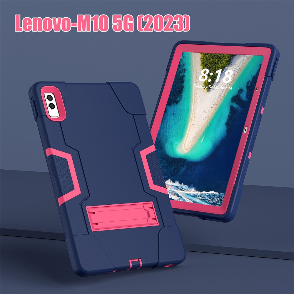 Kickstand Tablet Case for Lenovo Tab M10 5G , Robot Style Dual Color Silicone + PC Anti-drop Cover - Navy Blue / Rose Red