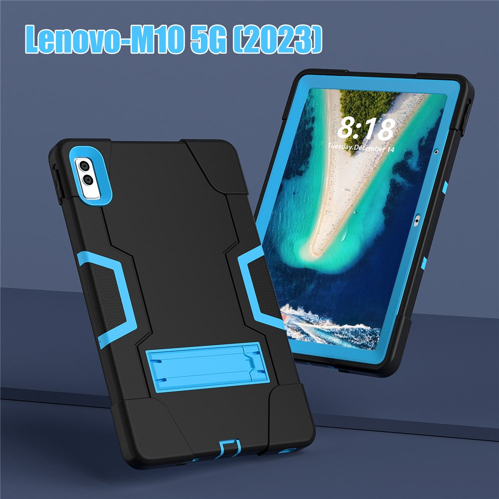 Kickstand Tablet Case for Lenovo Tab M10 5G , Robot Style Dual Color Silicone + PC Anti-drop Cover - Black / Blue