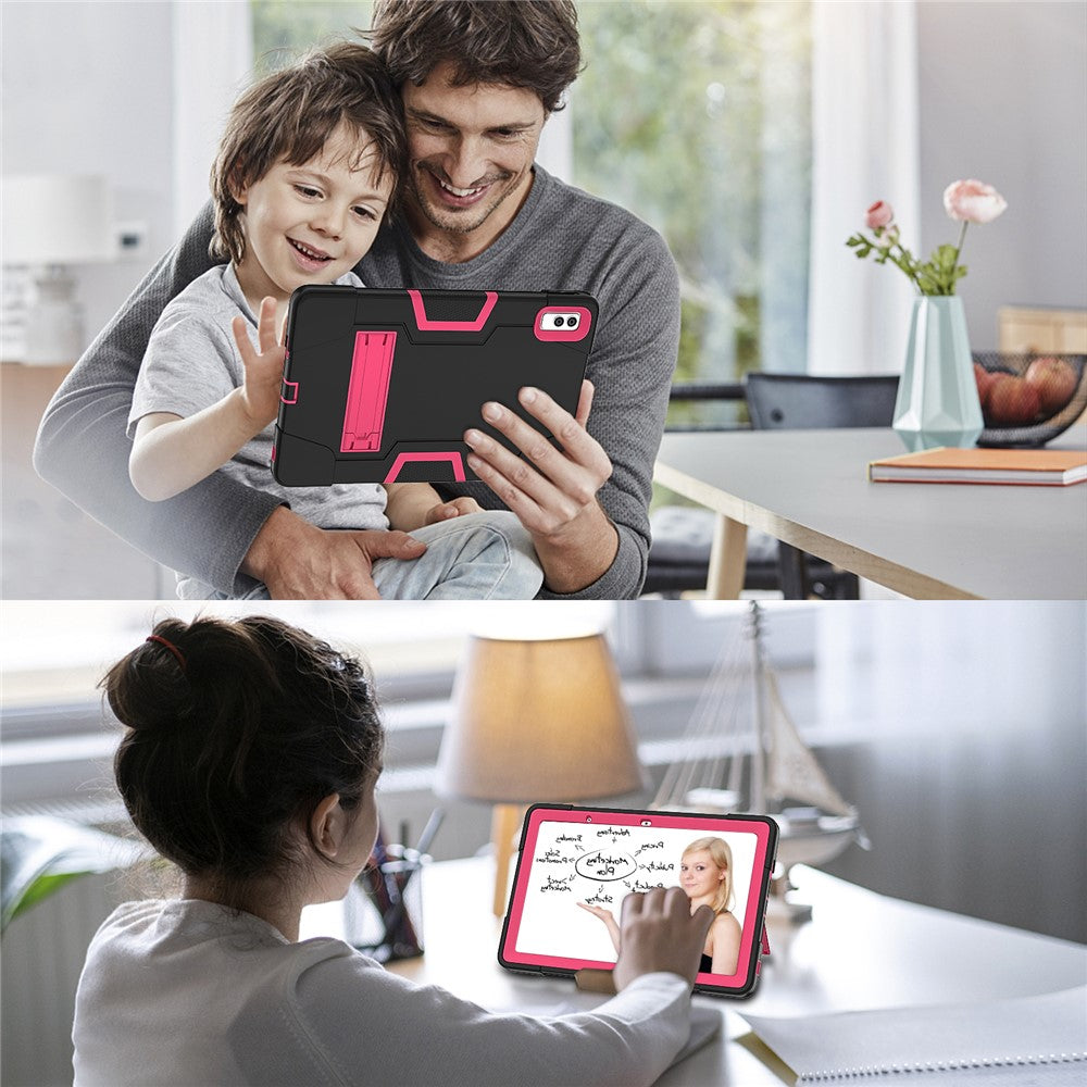 Kickstand Tablet Case for Lenovo Tab M10 5G , Robot Style Dual Color Silicone + PC Anti-drop Cover - Black / Rose Red