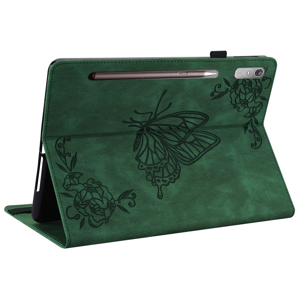 For Lenovo Tab P12 Case Butterfly Flower Imprinted PU Leather Stand Tablet Cover - Green