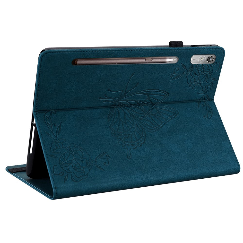 For Lenovo Tab P12 Case Butterfly Flower Imprinted PU Leather Stand Tablet Cover - Dark Blue