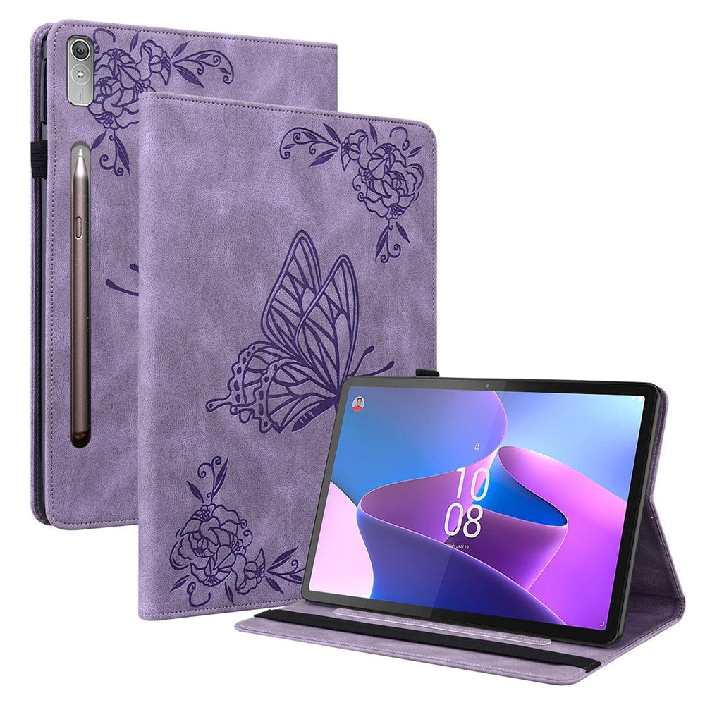 For Lenovo Tab P12 Case Butterfly Flower Imprinted PU Leather Stand Tablet Cover - Purple