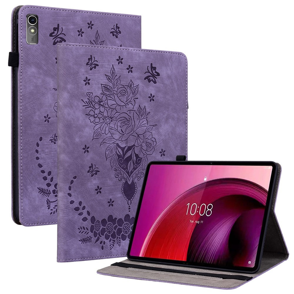 For Lenovo Tab M10 5G Leather Cover Butterfly Rose Imprinted Tablet Stand Case - Purple