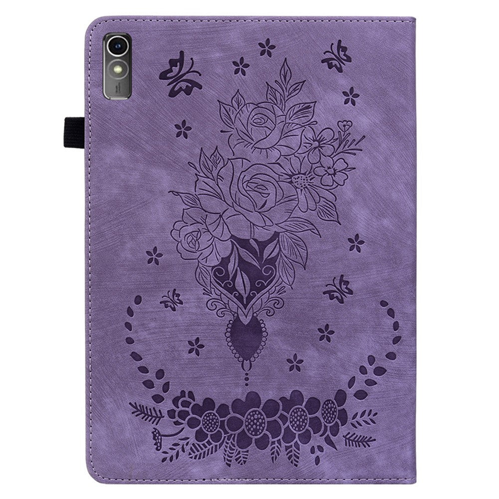 For Lenovo Tab M10 5G Leather Cover Butterfly Rose Imprinted Tablet Stand Case - Purple