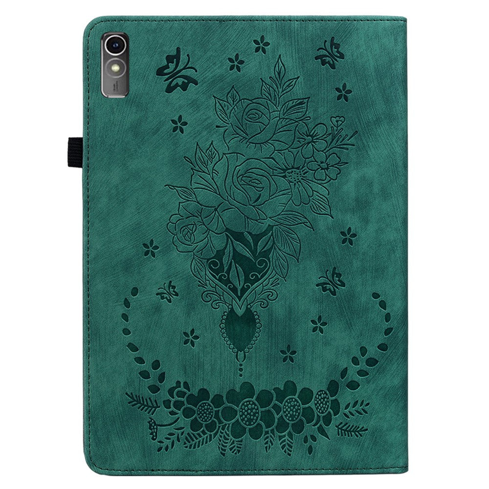 For Lenovo Tab M10 5G Leather Cover Butterfly Rose Imprinted Tablet Stand Case - Green