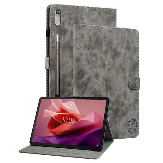 For Lenovo Tab P12 Leather Case Cute Tiger Imprinted PU Leather Card Holder Tablet Cover - Grey