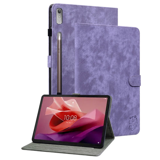 For Lenovo Tab P12 Leather Case Cute Tiger Imprinted PU Leather Card Holder Tablet Cover - Purple