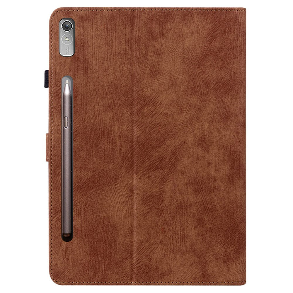 For Lenovo Tab P12 Leather Case Cute Tiger Imprinted PU Leather Card Holder Tablet Cover - Brown
