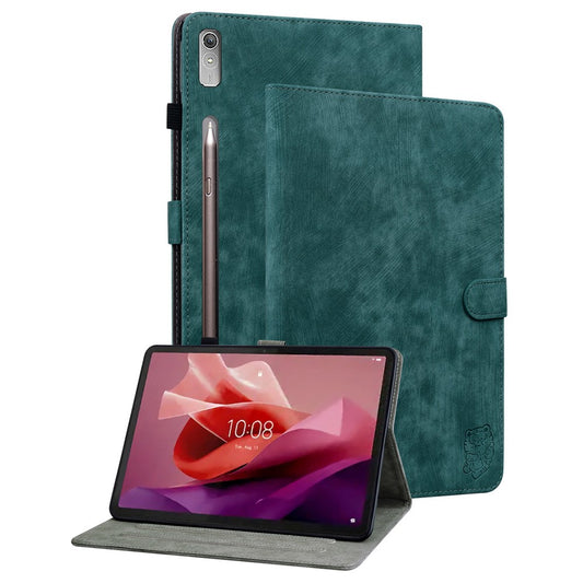 For Lenovo Tab P12 Leather Case Cute Tiger Imprinted PU Leather Card Holder Tablet Cover - Green