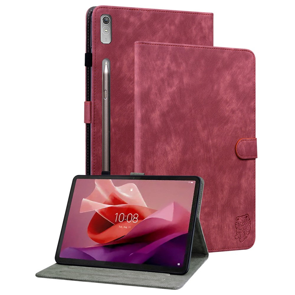 For Lenovo Tab P12 Leather Case Cute Tiger Imprinted PU Leather Card Holder Tablet Cover - Red