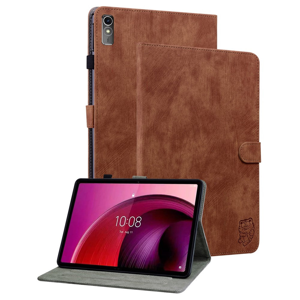 For Lenovo Tab M10 5G Anti-drop Case Imprinted PU Leather Card Holder Tablet Cover - Brown