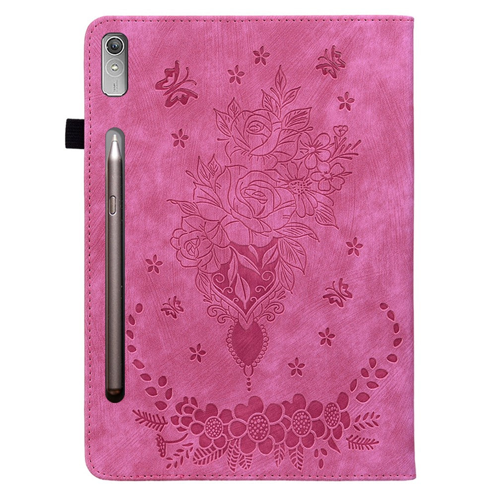 For Lenovo Tab P12 Tablet Cover PU Leather Card Holder Butterfly Rose Imprinted Case - Rose