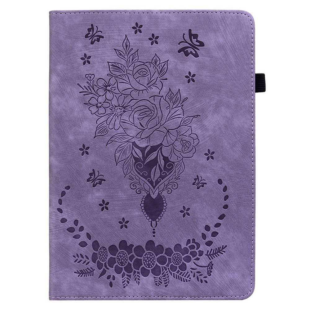 For Lenovo Tab P12 Tablet Cover PU Leather Card Holder Butterfly Rose Imprinted Case - Purple