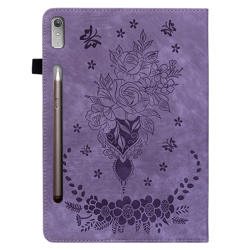 For Lenovo Tab P12 Tablet Cover PU Leather Card Holder Butterfly Rose Imprinted Case - Purple