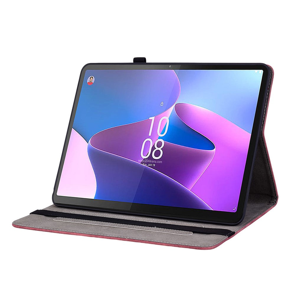 For Lenovo Tab P12 Tablet Cover PU Leather Card Holder Butterfly Rose Imprinted Case - Red
