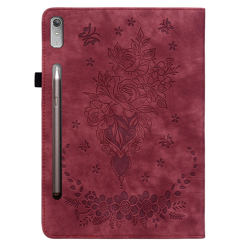 For Lenovo Tab P12 Tablet Cover PU Leather Card Holder Butterfly Rose Imprinted Case - Red