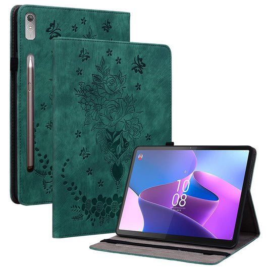 For Lenovo Tab P12 Tablet Cover PU Leather Card Holder Butterfly Rose Imprinted Case - Green