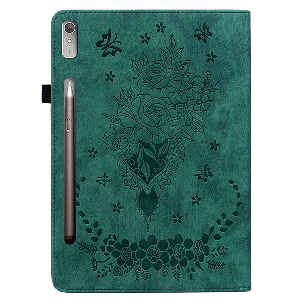 For Lenovo Tab P12 Tablet Cover PU Leather Card Holder Butterfly Rose Imprinted Case - Green