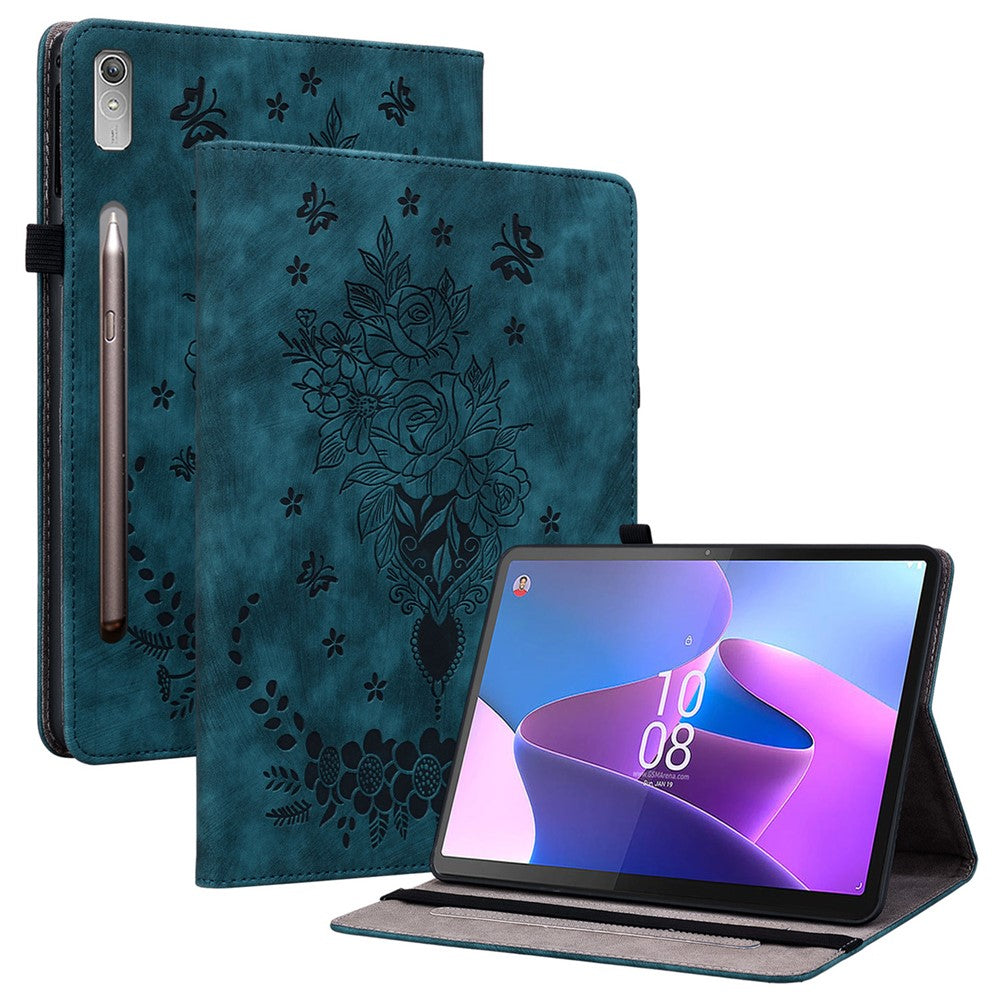 For Lenovo Tab P12 Tablet Cover PU Leather Card Holder Butterfly Rose Imprinted Case - Blue