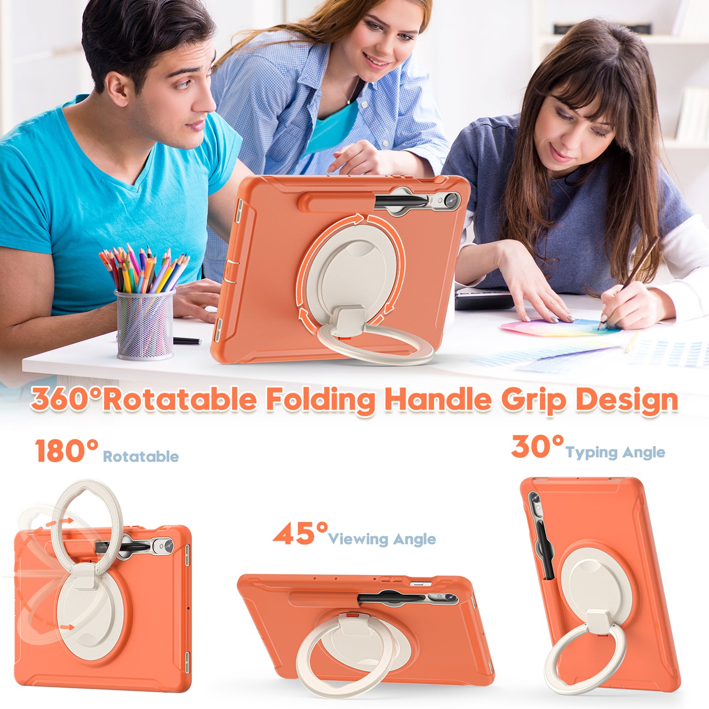 For Samsung Galaxy Tab S9 FE / S7 T870 / S8 X700 / S9 X710 Case Kickstand Tablet Cover with Pen Slot - Coral Orange