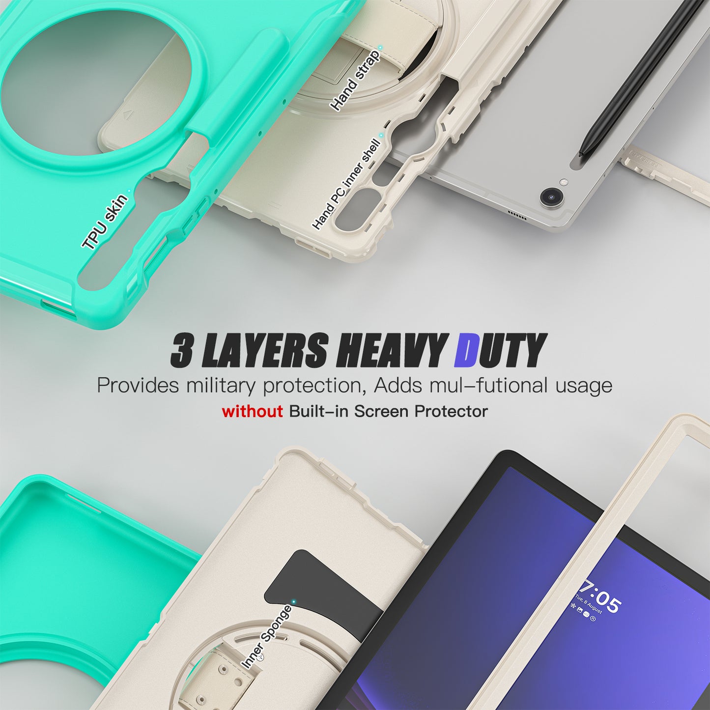 For Samsung Galaxy Tab S9 FE / S7 T870 / S8 X700 / S9 X710 Case PC+TPU Kickstand Tablet Cover with Pen Slot - Mint Green