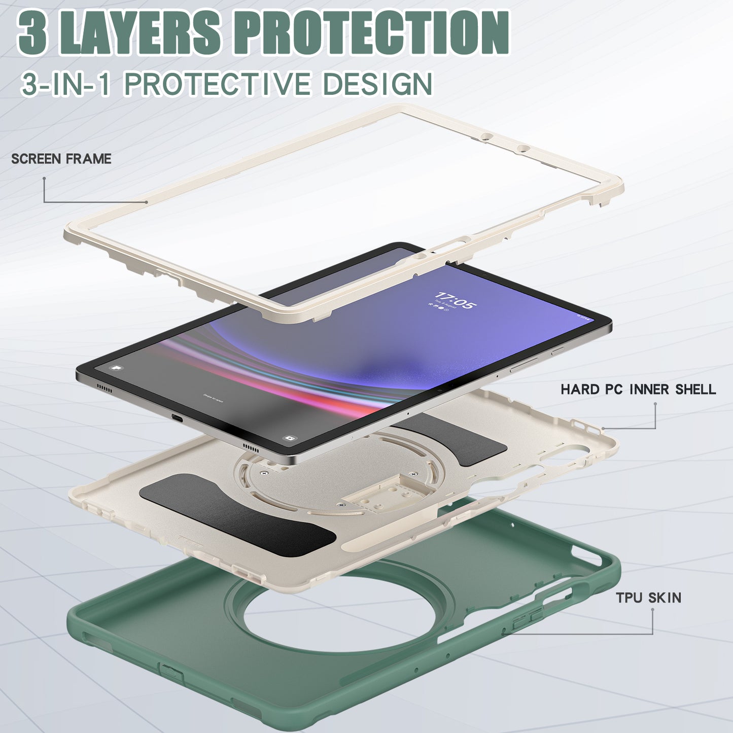 For Samsung Galaxy Tab S9 FE / S7 T870 / S8 X700 / S9 X710 Case PC+TPU Kickstand Tablet Cover with Pen Slot - Emerald Green