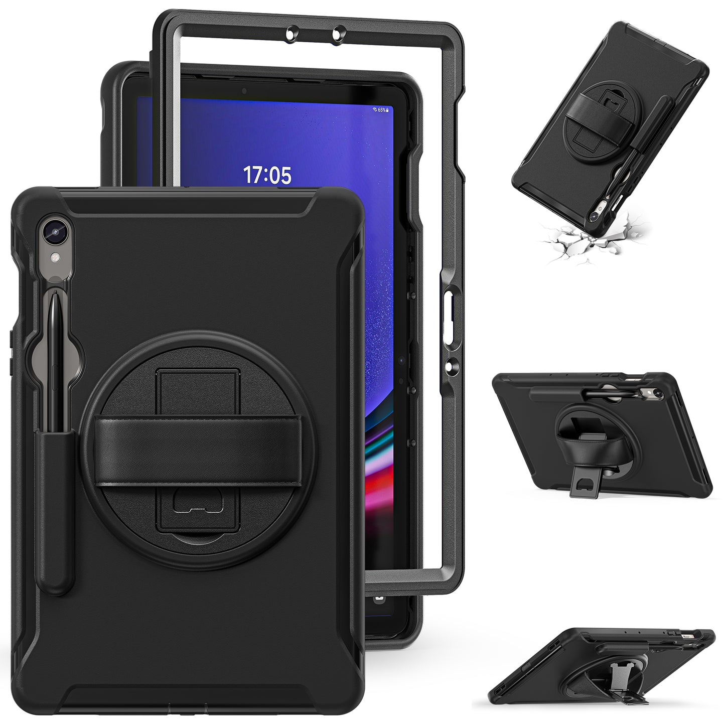 For Samsung Galaxy Tab S9 FE / S7 T870 / S8 X700 / S9 X710 Case PC+TPU Kickstand Tablet Cover with Pen Slot - Black