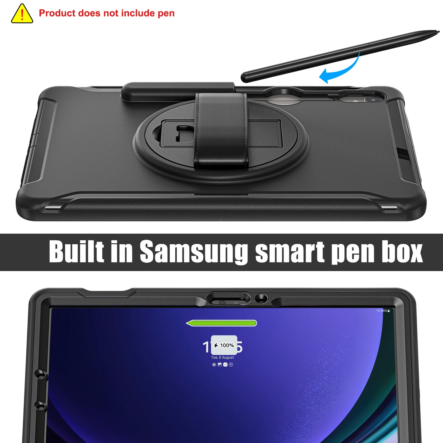 For Samsung Galaxy Tab S9 FE / S7 T870 / S8 X700 / S9 X710 Case PC+TPU Kickstand Tablet Cover with Pen Slot - Black