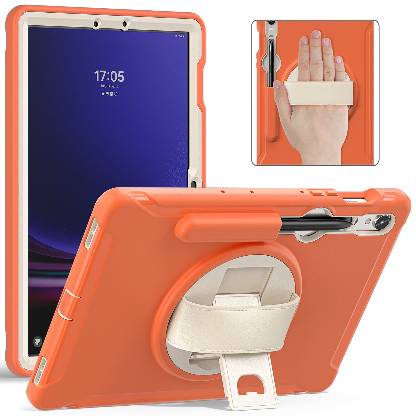 For Samsung Galaxy Tab S9 FE / S7 T870 / S8 X700 / S9 X710 Case PC+TPU Kickstand Tablet Cover with Pen Slot - Coral Orange