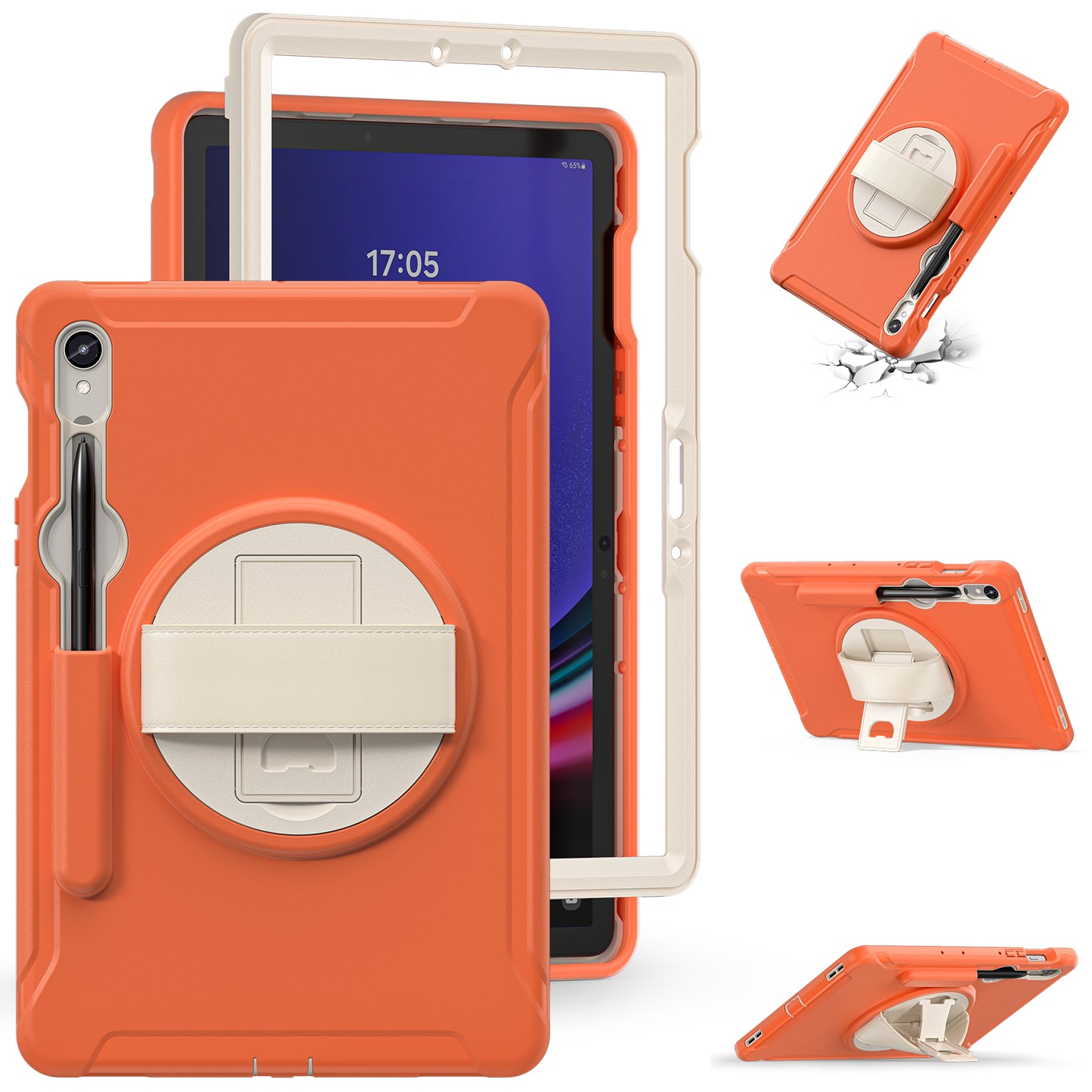For Samsung Galaxy Tab S9 FE / S7 T870 / S8 X700 / S9 X710 Case PC+TPU Kickstand Tablet Cover with Pen Slot - Coral Orange