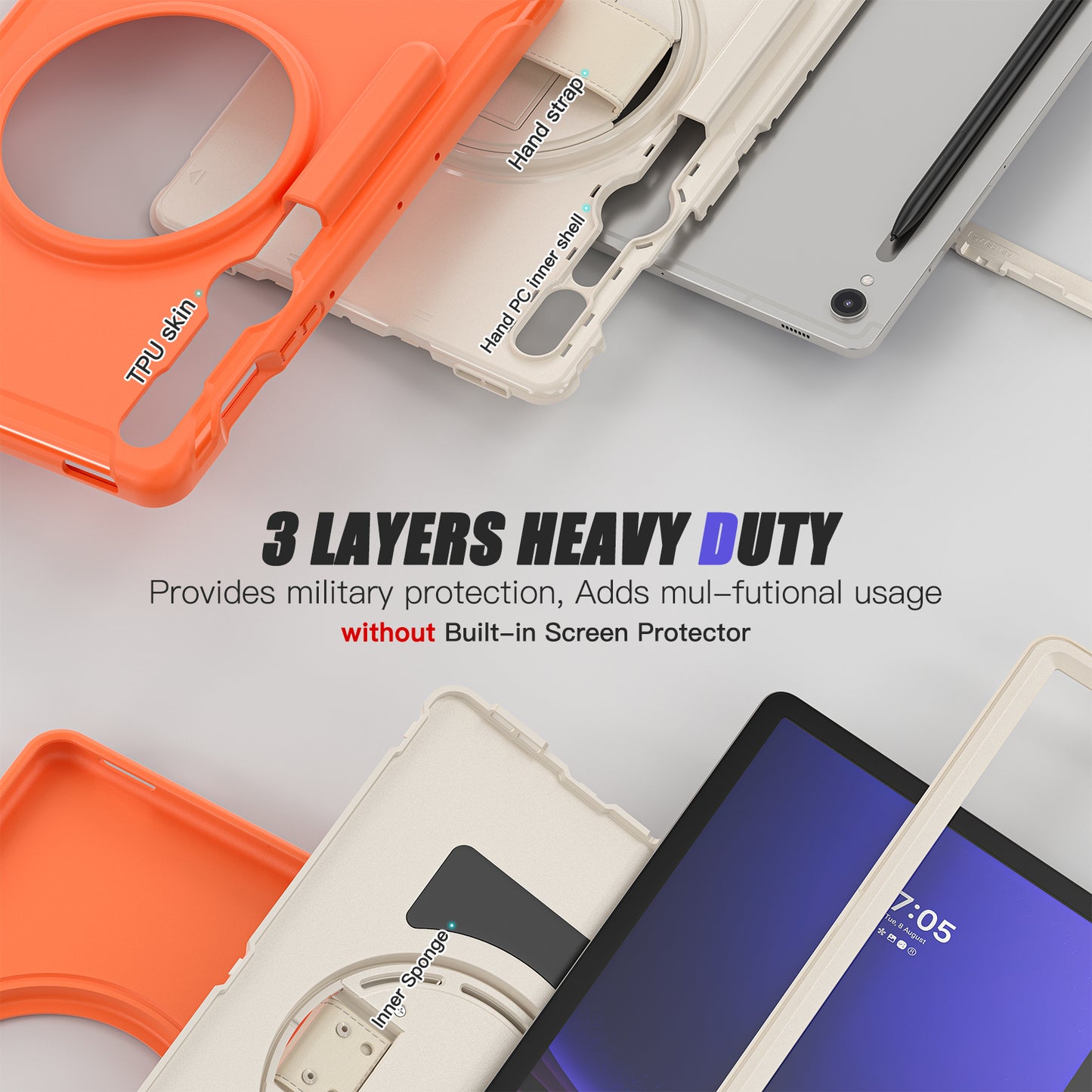 For Samsung Galaxy Tab S9 FE / S7 T870 / S8 X700 / S9 X710 Case PC+TPU Kickstand Tablet Cover with Pen Slot - Coral Orange