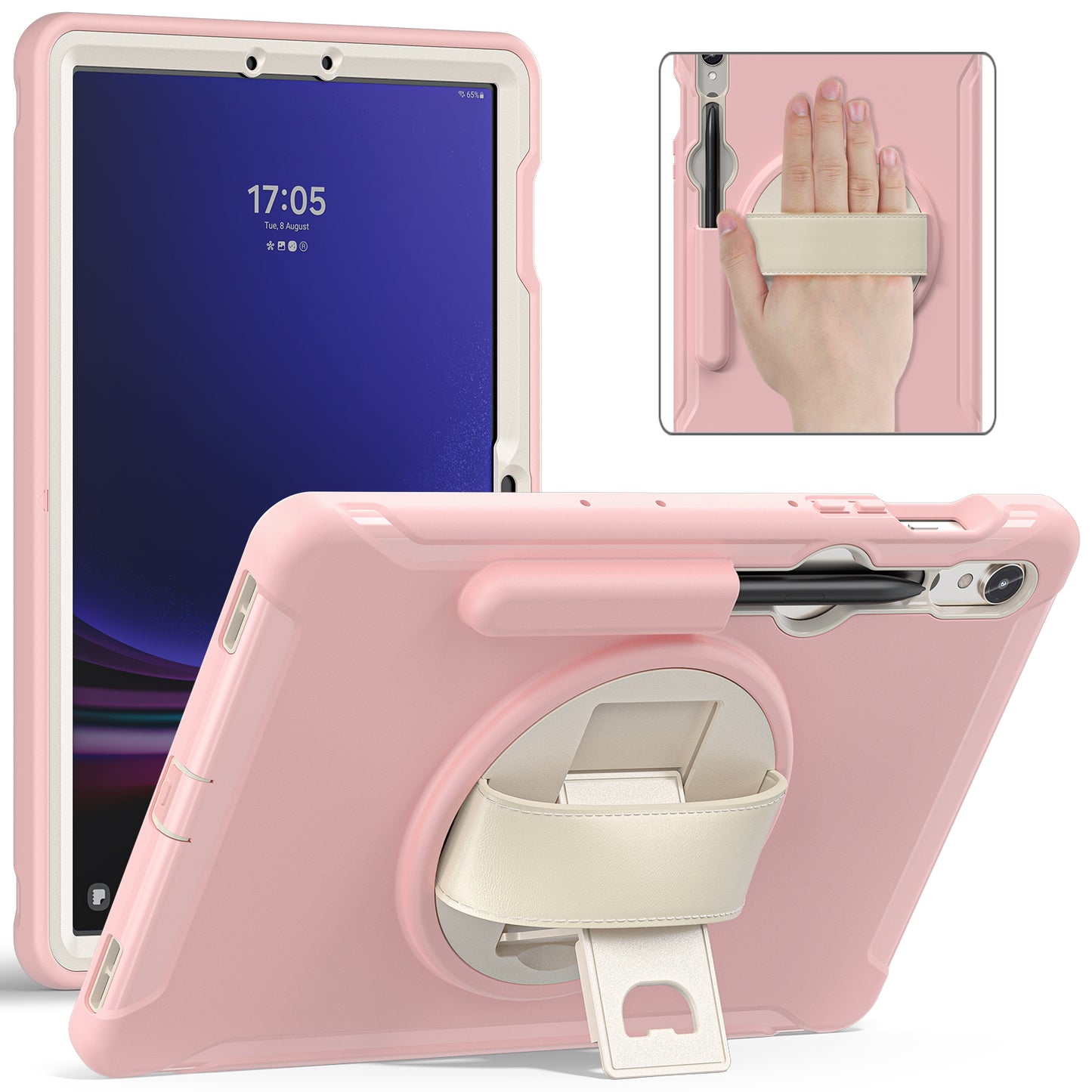 For Samsung Galaxy Tab S9 FE / S7 T870 / S8 X700 / S9 X710 Case PC+TPU Kickstand Tablet Cover with Pen Slot - Cherry Blossoms Pink