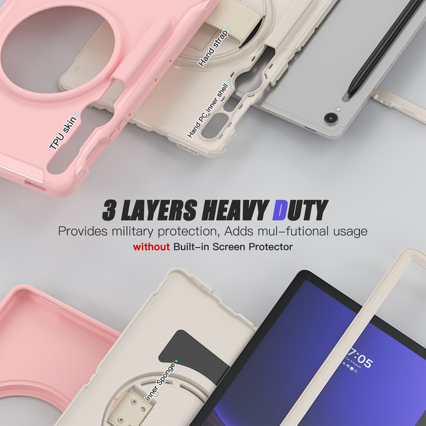 For Samsung Galaxy Tab S9 FE / S7 T870 / S8 X700 / S9 X710 Case PC+TPU Kickstand Tablet Cover with Pen Slot - Cherry Blossoms Pink