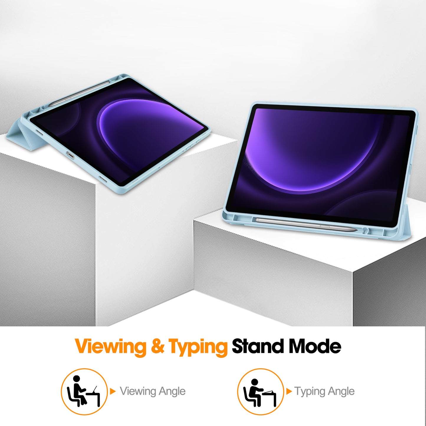 For Samsung Galaxy Tab S9 FE Leather Case Tri-fold Stand Pen Slot Tablet Cover - Sky Blue