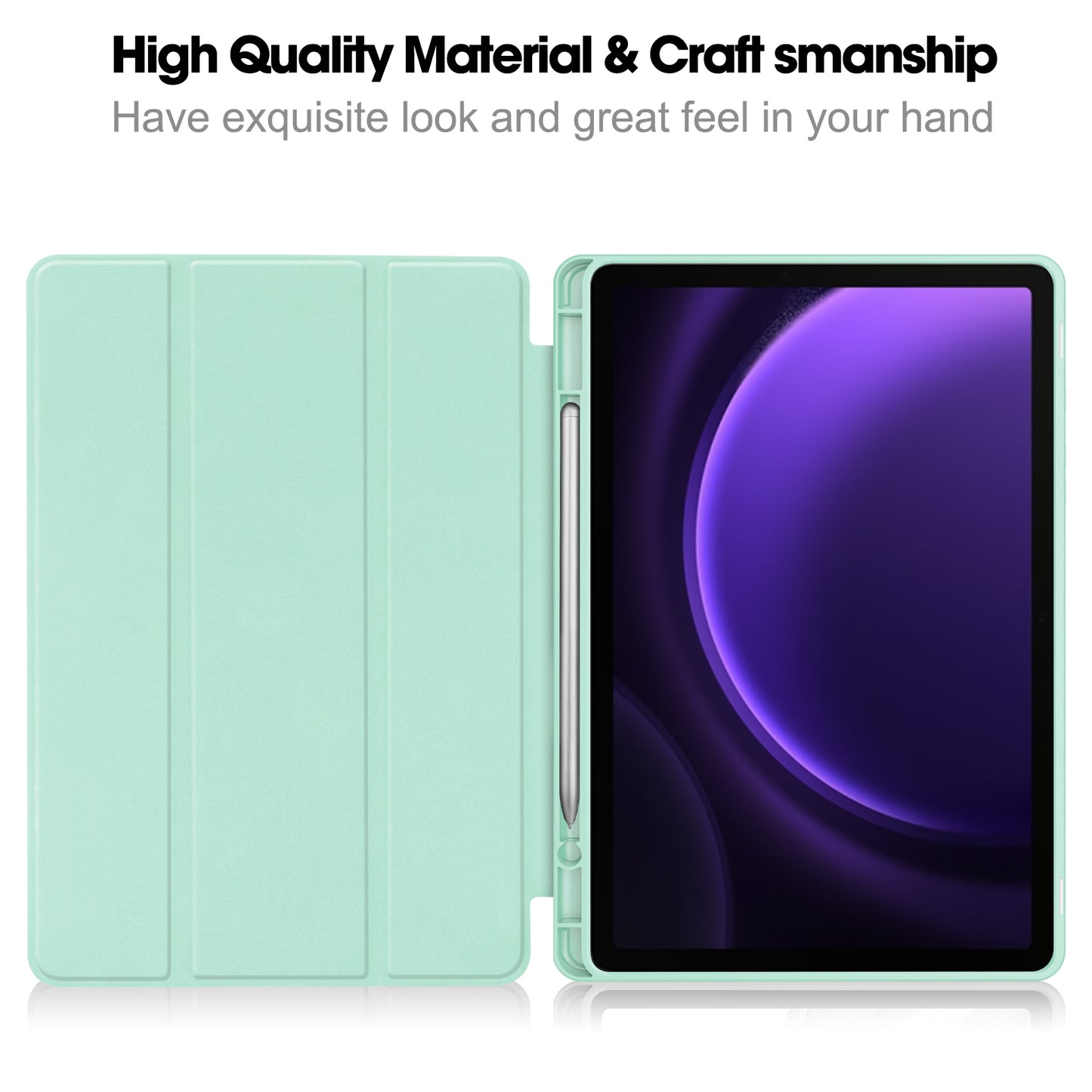For Samsung Galaxy Tab S9 FE Leather Case Tri-fold Stand Pen Slot Tablet Cover - Mint Green