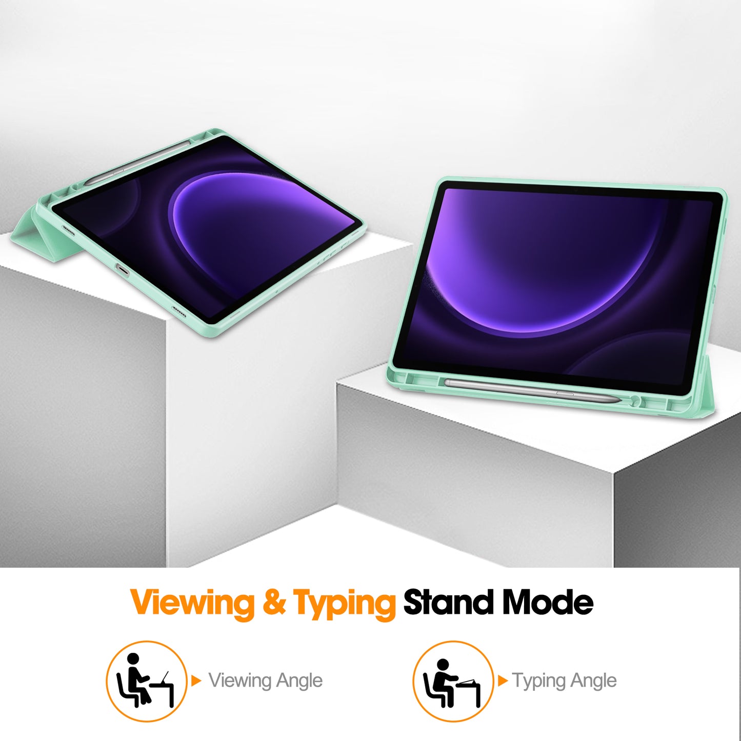 For Samsung Galaxy Tab S9 FE Leather Case Tri-fold Stand Pen Slot Tablet Cover - Mint Green