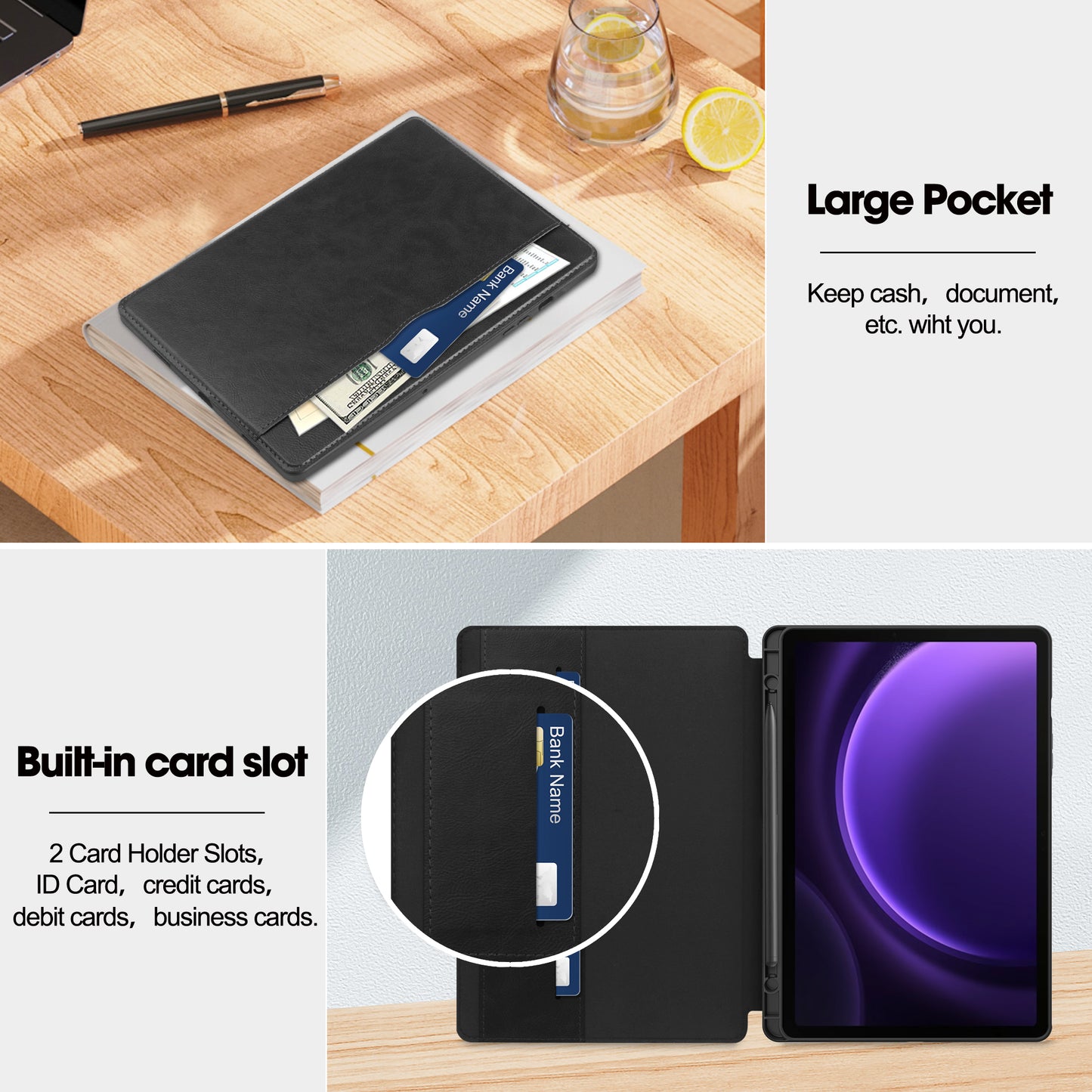 For Samsung Galaxy Tab S9 FE Leather Business Folio Cover Smart Tablet Case with Card Holder - Black