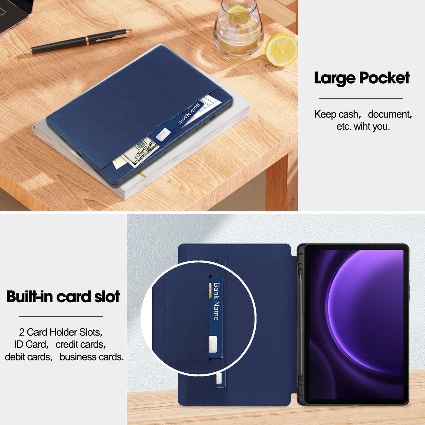 For Samsung Galaxy Tab S9 FE Leather Business Folio Cover Smart Tablet Case with Card Holder - Blue