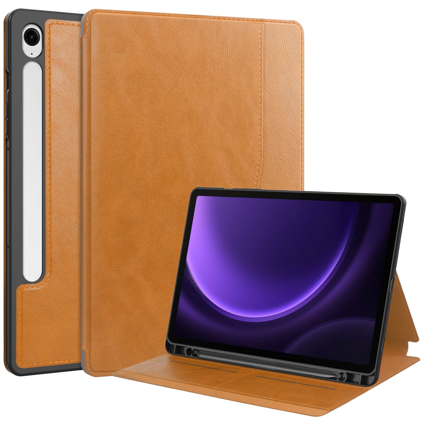 For Samsung Galaxy Tab S9 FE Leather Business Folio Cover Smart Tablet Case with Card Holder - Brown