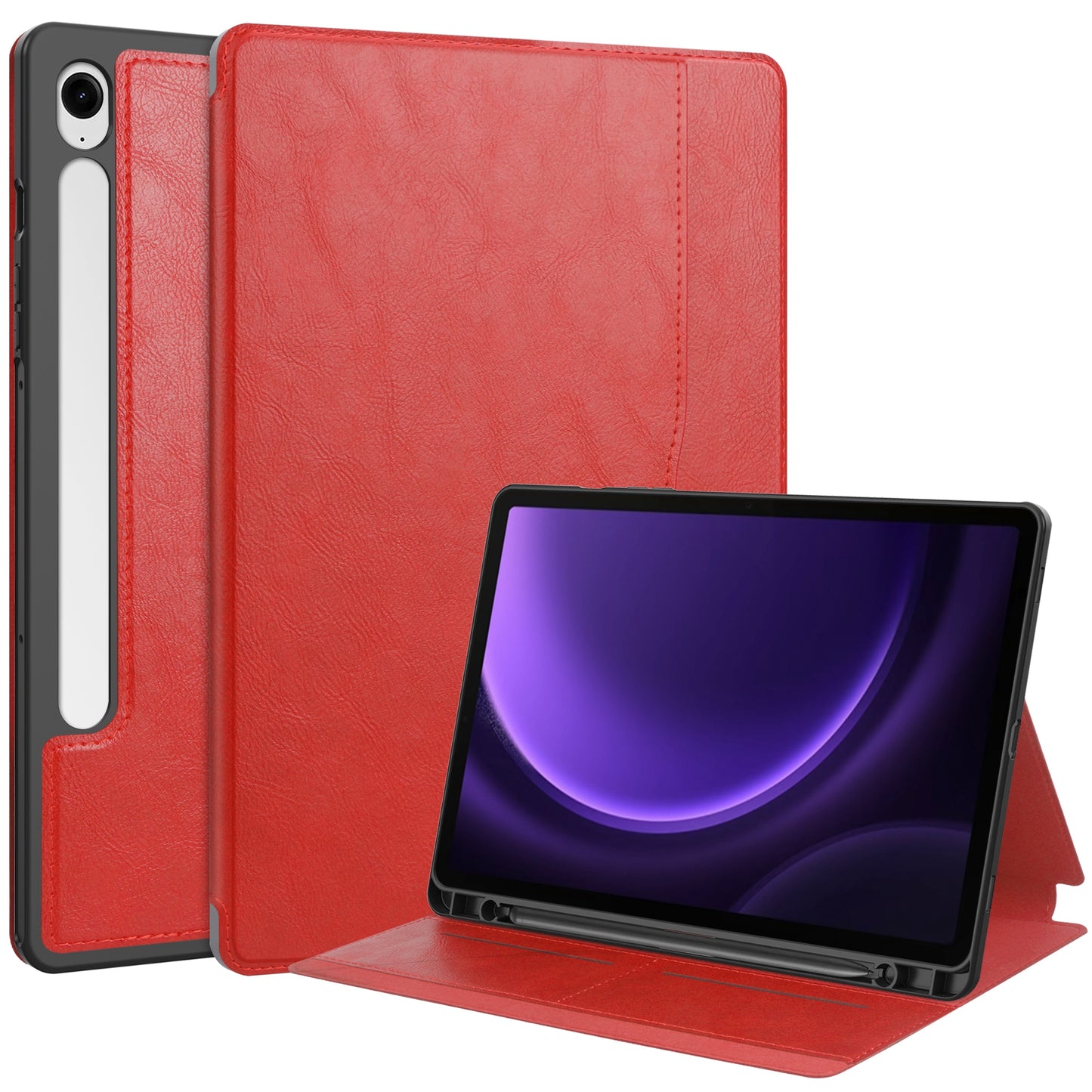 For Samsung Galaxy Tab S9 FE Leather Business Folio Cover Smart Tablet Case with Card Holder - Red