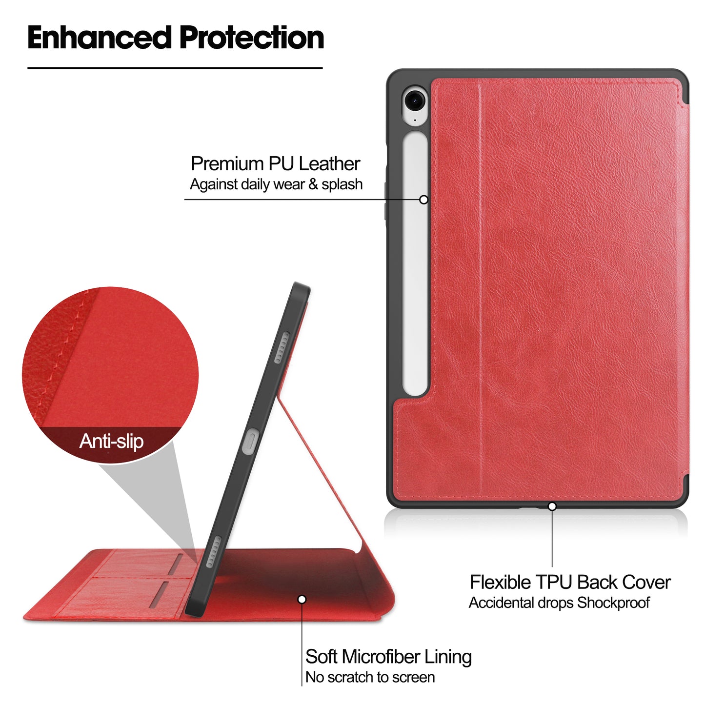 For Samsung Galaxy Tab S9 FE Leather Business Folio Cover Smart Tablet Case with Card Holder - Red