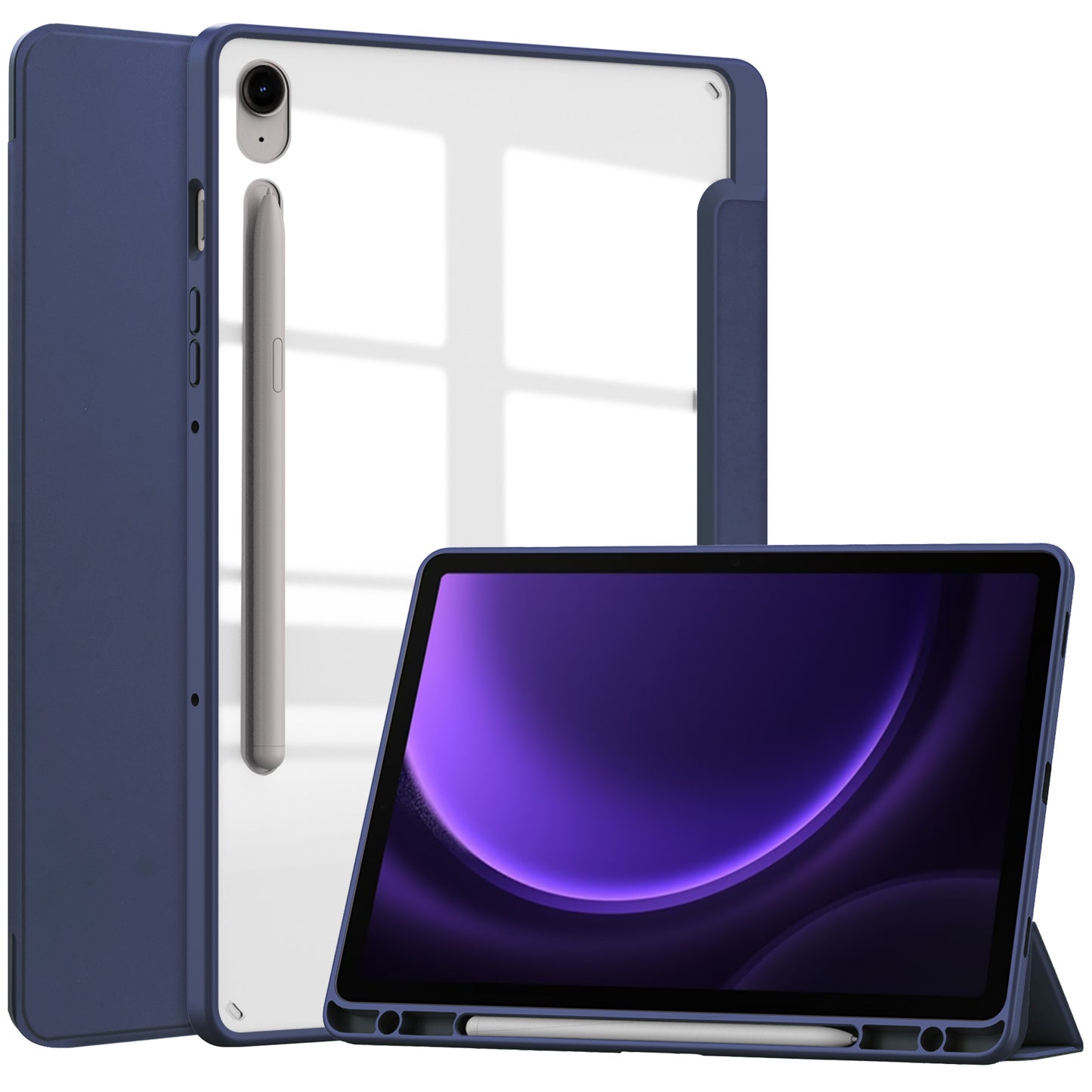 For Samsung Galaxy Tab S9 FE Tablet Case Leather+TPU+Acrylic Stand Cover with Pen Slot - Dark Blue