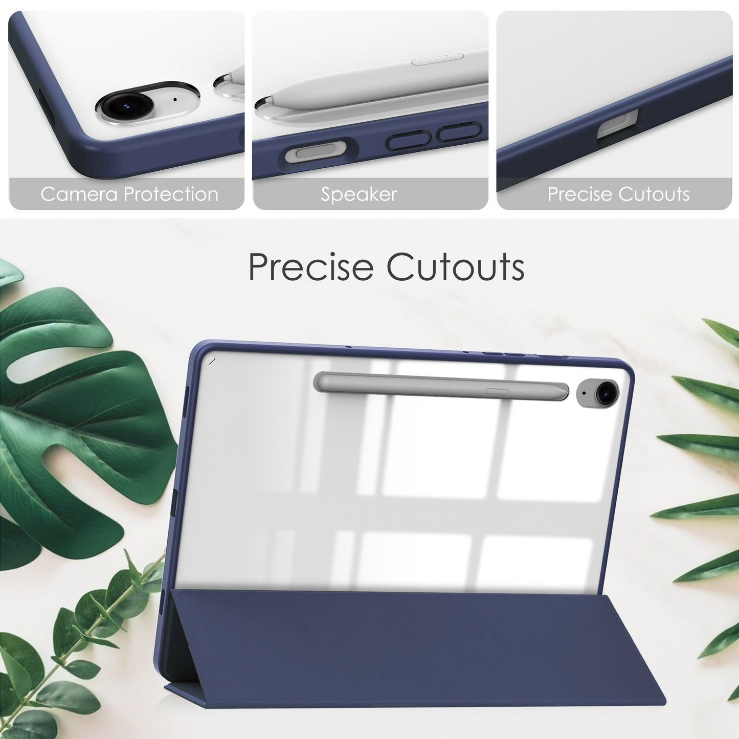 For Samsung Galaxy Tab S9 FE Tablet Case Leather+TPU+Acrylic Stand Cover with Pen Slot - Dark Blue