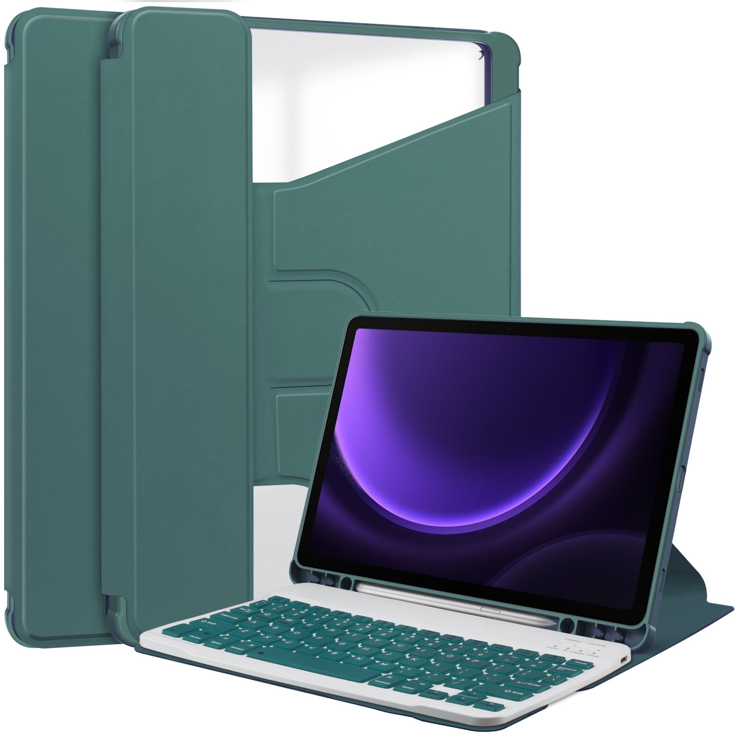 For Samsung Galaxy Tab S9 FE Case Leather+Acrylic Rotary Stand Cover with Bluetooth Keyboard - Blackish Green