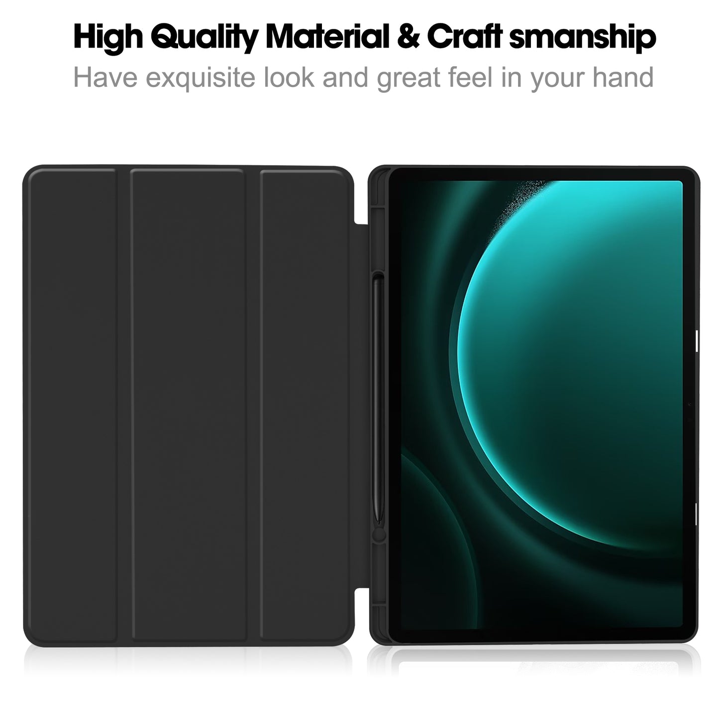 For Samsung Galaxy Tab S9 FE+ Case Tri-fold Stand Pen Slot Tablet Leather Cover - Black