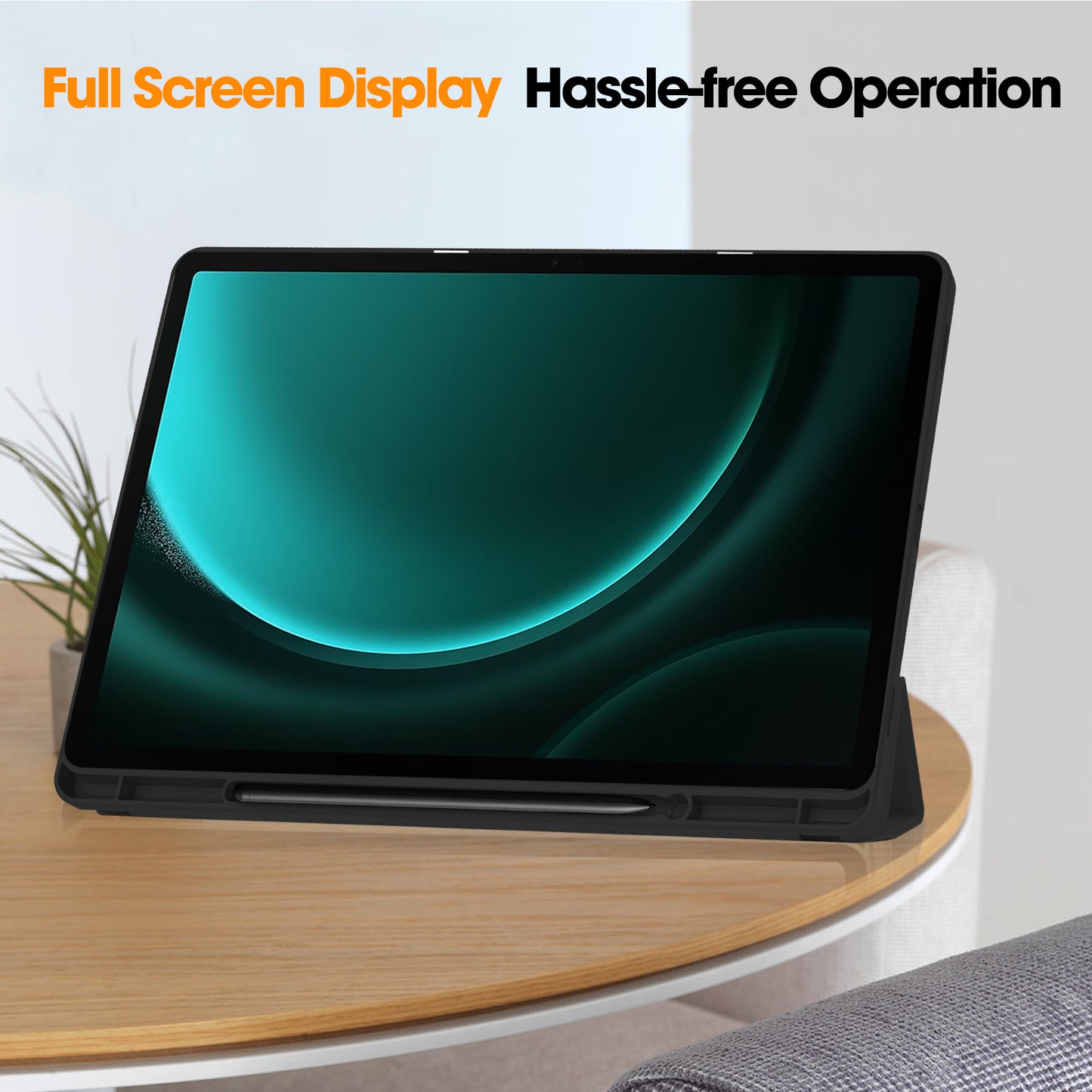 For Samsung Galaxy Tab S9 FE+ Case Tri-fold Stand Pen Slot Tablet Leather Cover - Black
