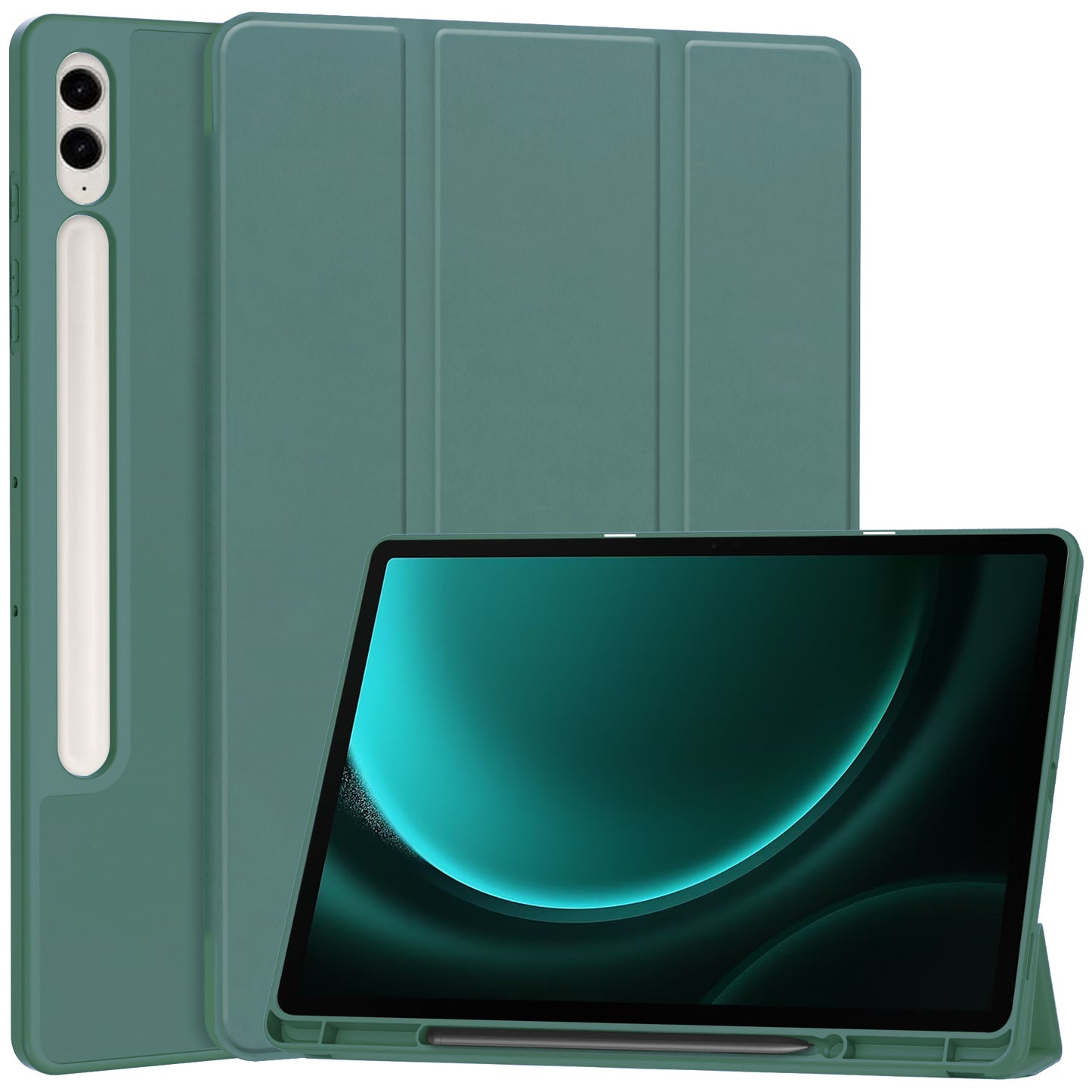 For Samsung Galaxy Tab S9 FE+ Case Tri-fold Stand Pen Slot Tablet Leather Cover - Blackish Green