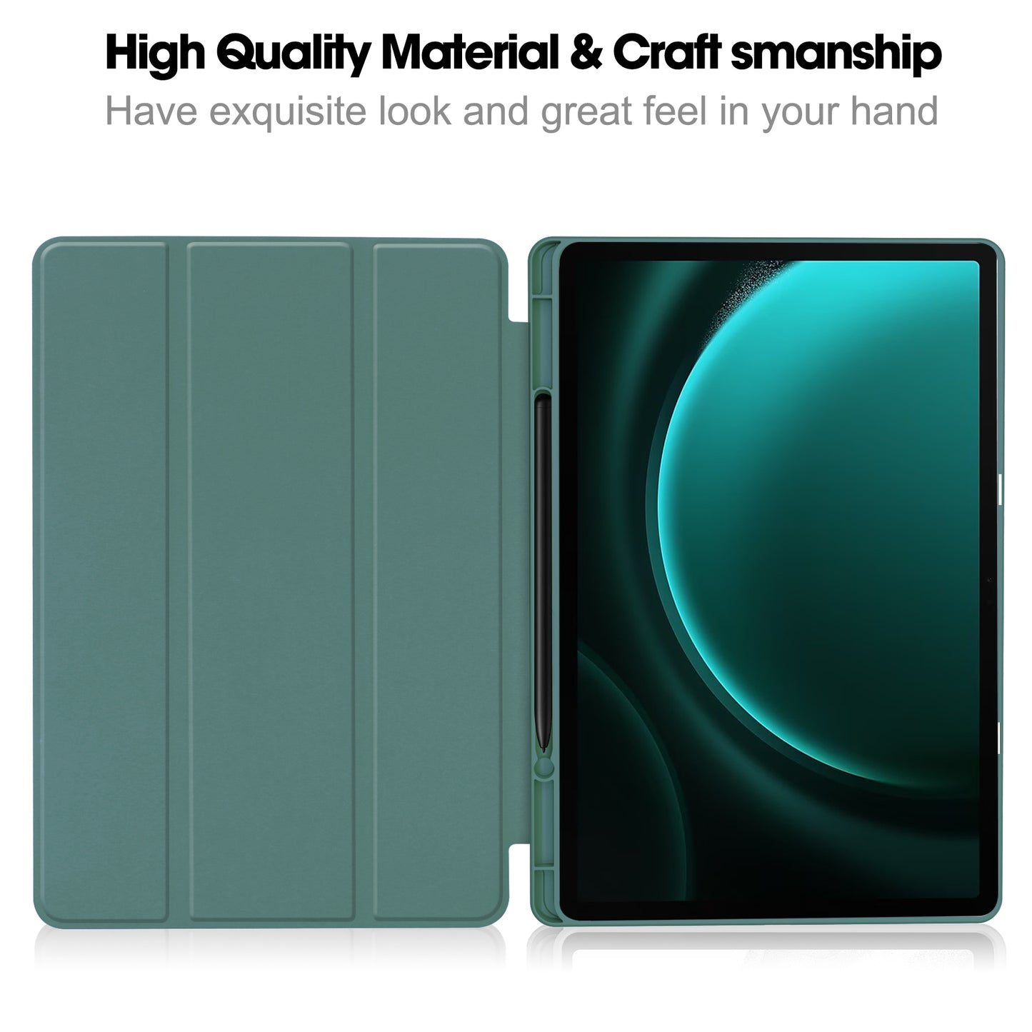 For Samsung Galaxy Tab S9 FE+ Case Tri-fold Stand Pen Slot Tablet Leather Cover - Blackish Green